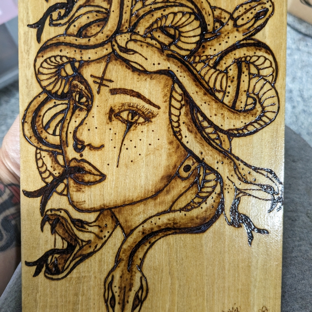 Medusa Wood Burnt Plaque